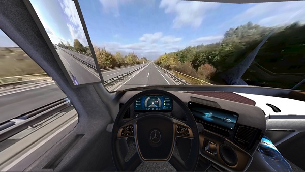 Ukážka zo simulátora jazdy v kamióne v prostredí virtuálnej reality.