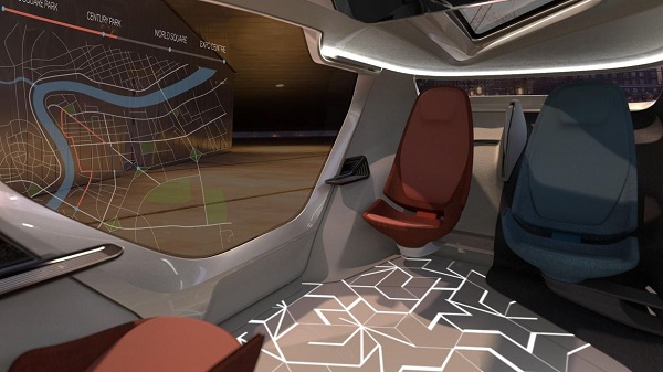 Priehľadné sklo dverí na autonómnom vozidle NEVS InMotion môže poslúžiť aj ako displej.