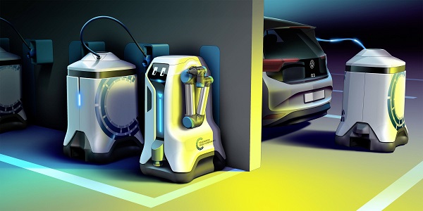 Koncept mobilného nabíjacieho robota Volkswagen.