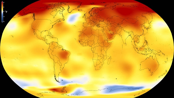 Priemerná globálna teplota Zeme v rokoch 2013-2017 v porovnaní s východiskovým priemerom z rokov 1951-1980 (žltá, oranžová a červená indikujú teploty vyššie ako východisková hodnota)