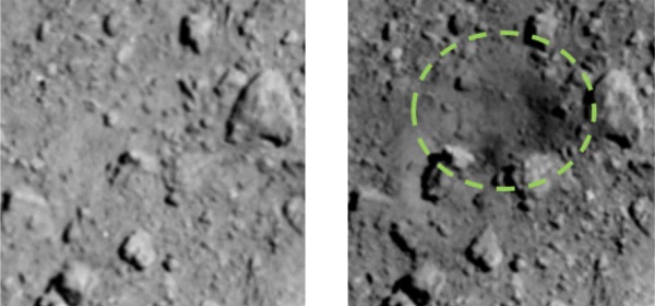 Porovnanie snímok oblasti asteroidu Ryugu pred a po dopade hlavice SCI zo sondy Hayabusa2.