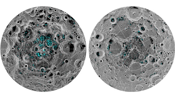 Na snímke je zobrazené povrchového ľadu na ľavom póle (vľavo) a severnom póle (vpravo) na Mesiaci, ktorý detegoval prístroj NASA pre mapovanie lunárnych minerálov.